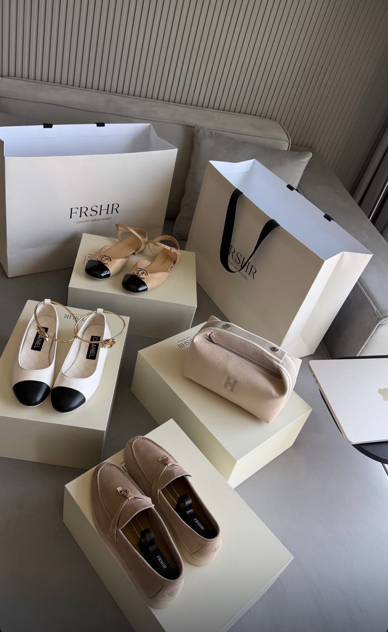Restored shoes boxed and ready for return to the client